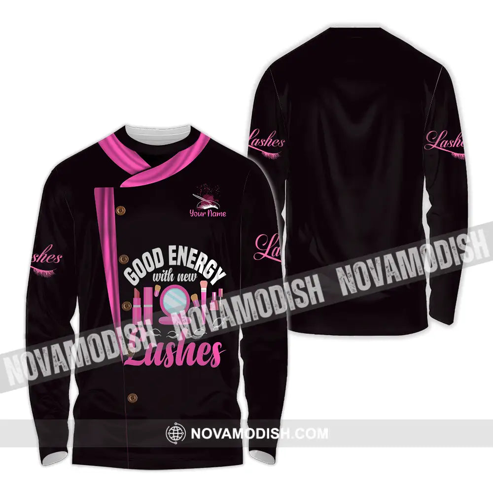 Unisex Shirt - Custom Name Shirt Good Energy Lashes Long Sleeve Shirt / S T-shirt
