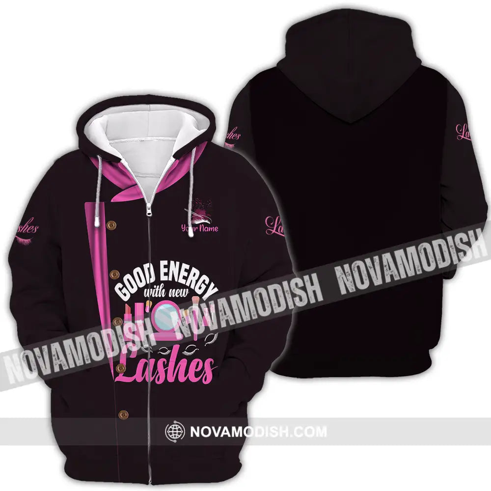 Unisex Shirt - Custom Name Shirt Good Energy Lashes Zipper Hoodie / S T-shirt