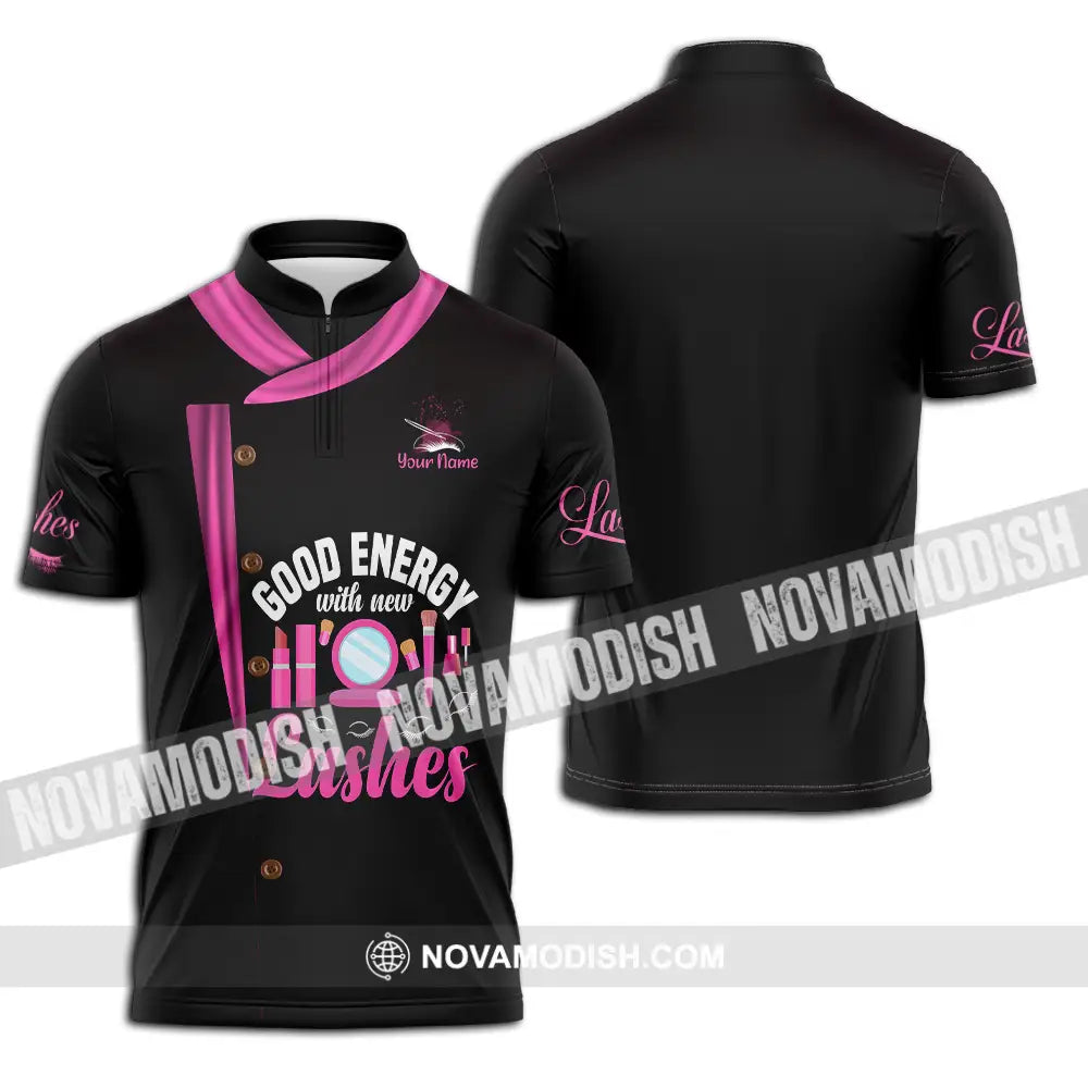 Unisex Shirt - Custom Name Shirt Good Energy Lashes Zipper Polo Shirt / S T-shirt