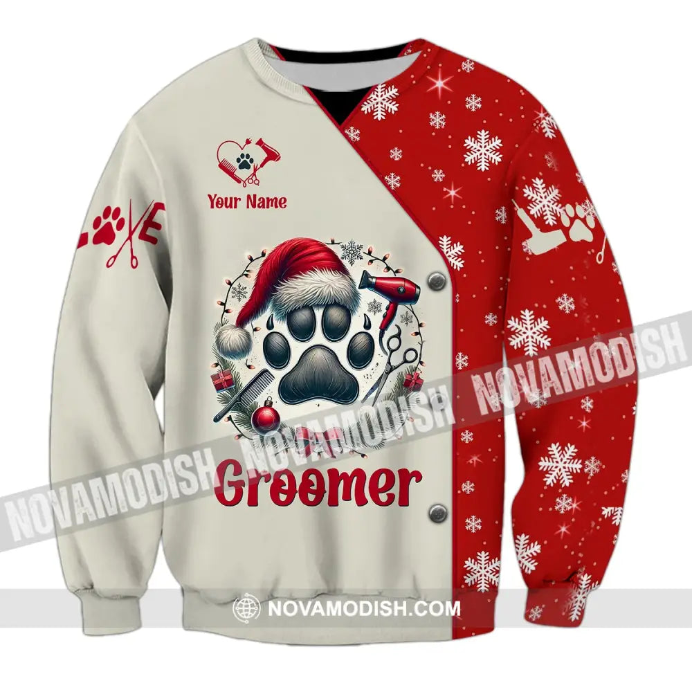 Unisex Shirt Custom Name Groomer Christmas Pet Grooming T-Shirt Hoodie Long Sleeve Gift / S T-Shirt