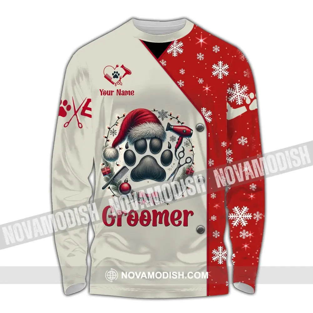 Unisex Shirt Custom Name Groomer Christmas Pet Grooming T-Shirt Hoodie Long Sleeve Gift / S T-Shirt