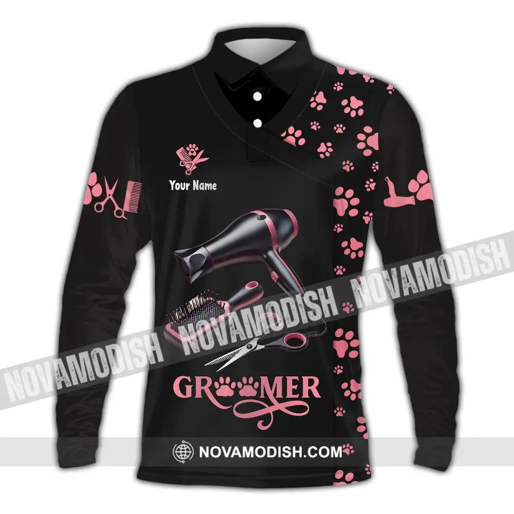 Unisex Shirt Custom Name Groomer Pet Care Apparel Grooming T-Shirt Long Sleeve Polo / S T-Shirt