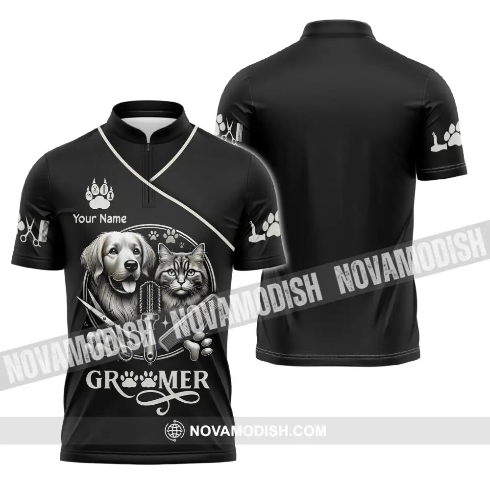 Unisex Shirt Custom Name Groomer Pet Grooming T-Shirt Hoodie Long Sleeve Zipper Polo / S T-Shirt