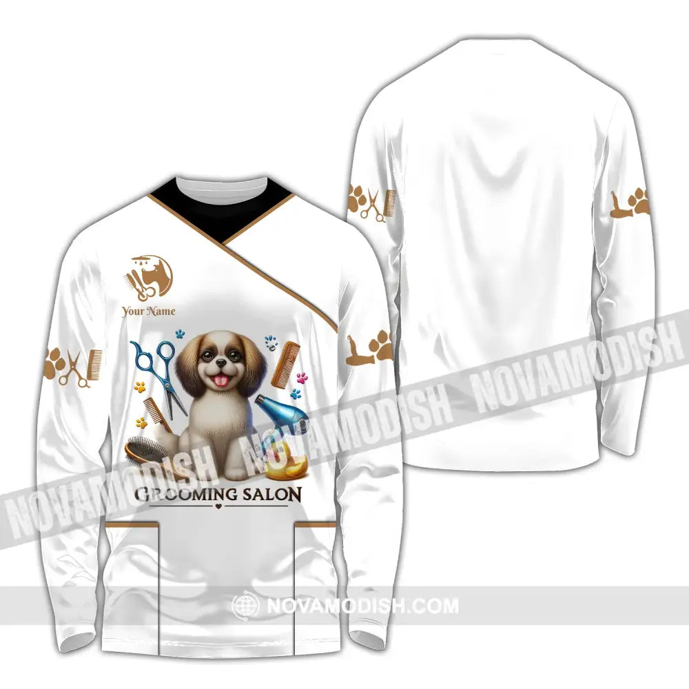 Unisex Shirt Custom Name Grooming Groomer Polo Long Sleeve Pet Shop T-Shirt / S