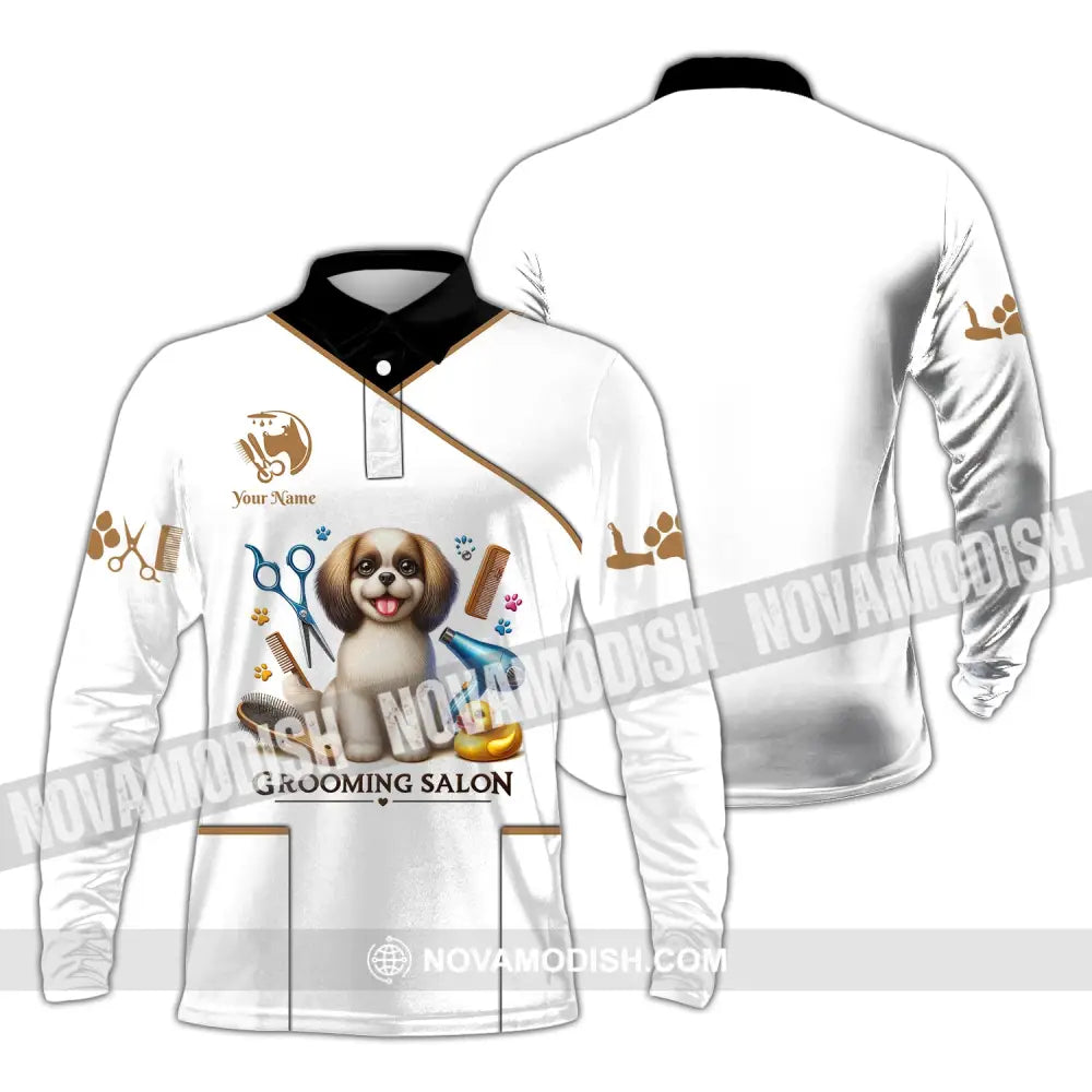 Unisex Shirt Custom Name Grooming Groomer Polo Long Sleeve Pet Shop T-Shirt / S