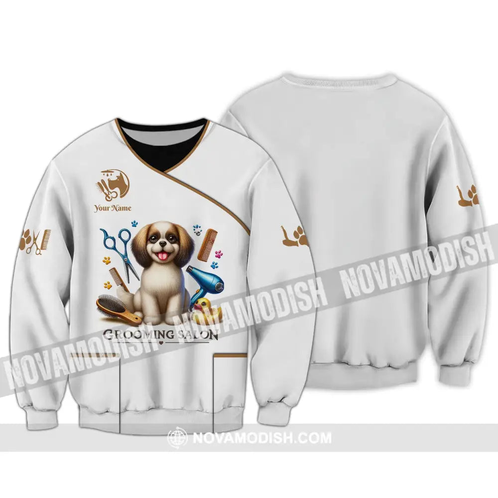 Unisex Shirt Custom Name Grooming Groomer Polo Long Sleeve Pet Shop T-Shirt / S