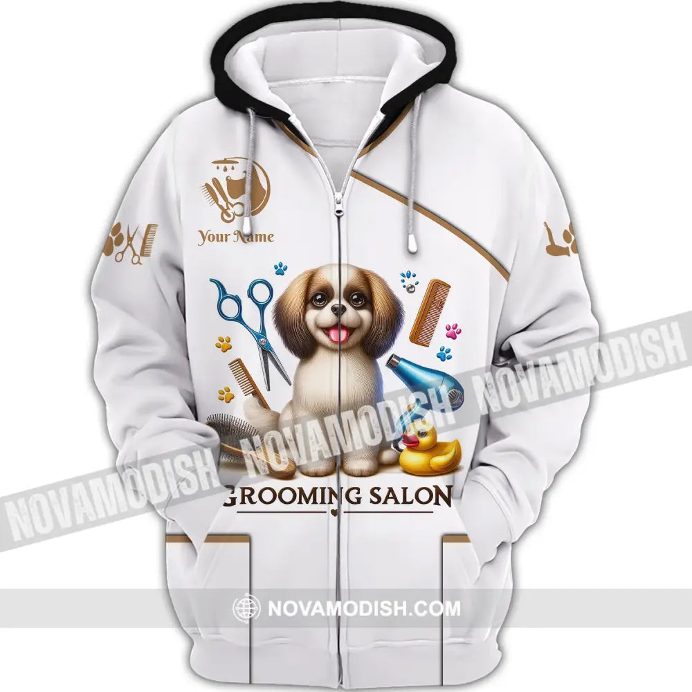 Unisex Shirt Custom Name Grooming Groomer Polo Long Sleeve Pet Shop T-Shirt Zipper Hoodie / S