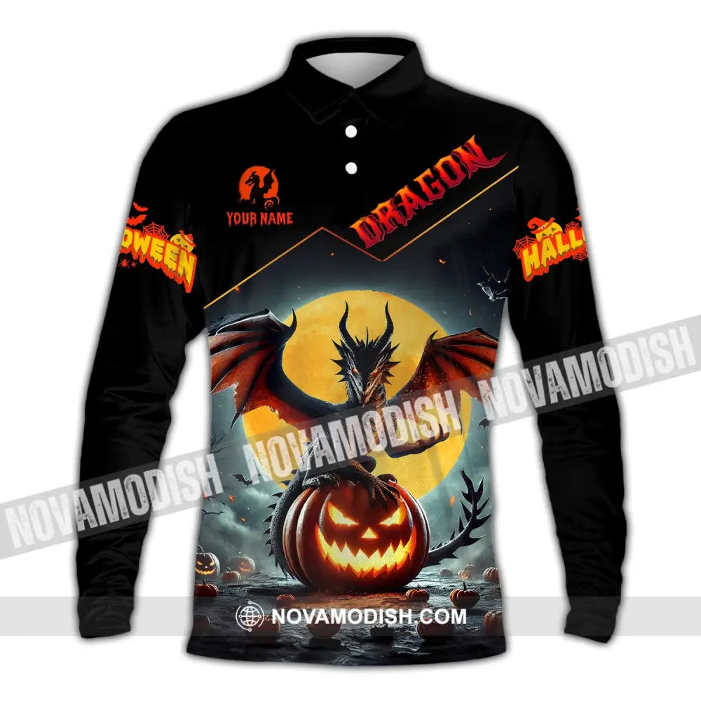 Unisex Shirt - Custom Name Halloween Fire Dragon Long Sleeve Polo / S T-Shirt