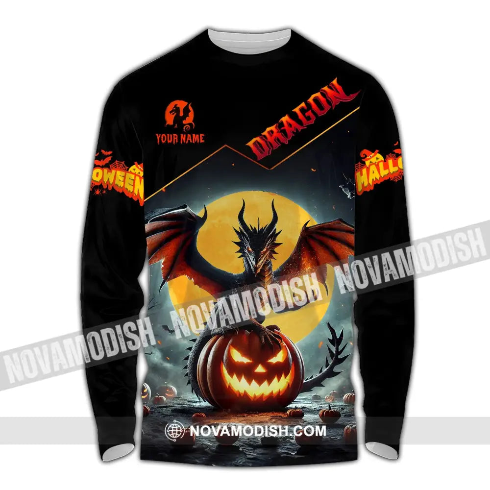 Unisex Shirt - Custom Name Halloween Fire Dragon Long Sleeve / S T-Shirt