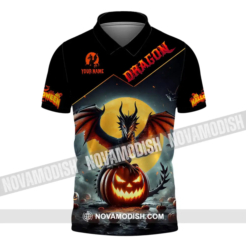 Unisex Shirt - Custom Name Halloween Fire Dragon Polo / S T-Shirt