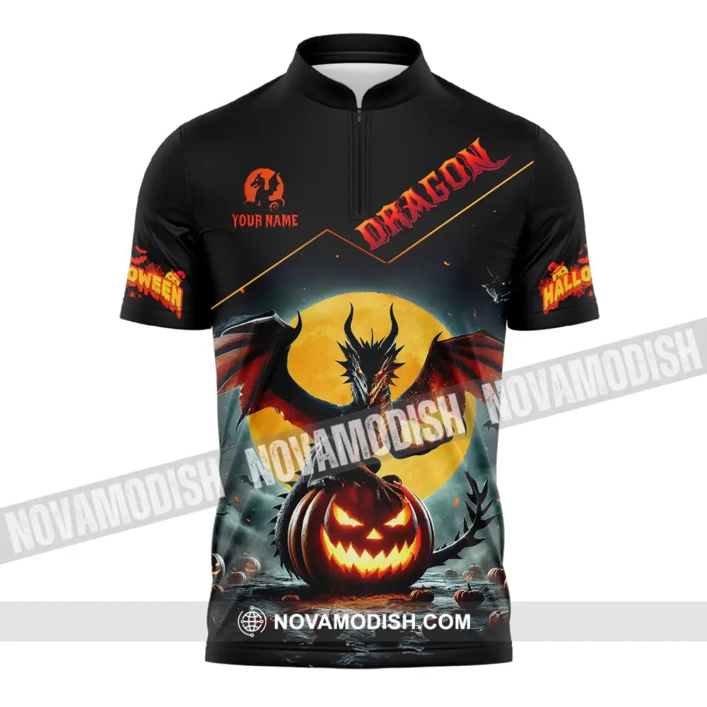 Unisex Shirt - Custom Name Halloween Fire Dragon Zipper Polo / S T-Shirt