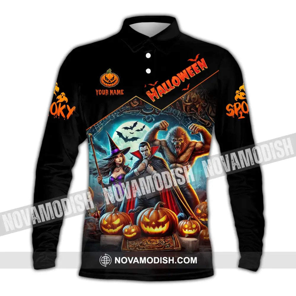 Unisex Shirt - Custom Name Halloween Spooky Long Sleeve Polo / S T-Shirt