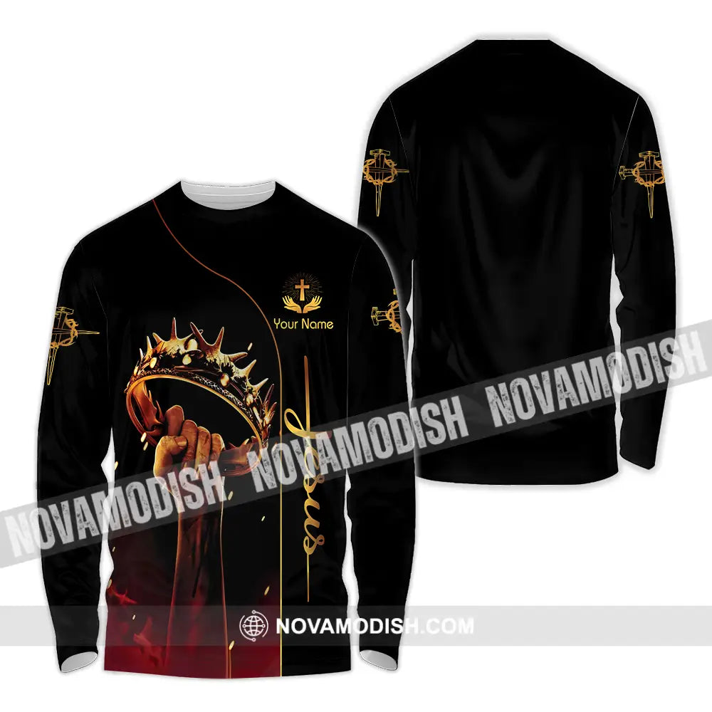 Unisex Shirt - Custom Name Shirt Holding Crown Of Thorns Jesus Long Sleeve Shirt / S T-shirt