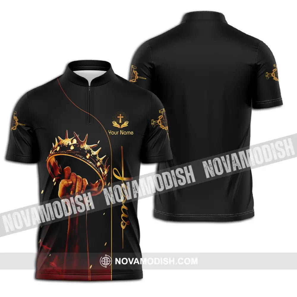Unisex Shirt - Custom Name Shirt Holding Crown Of Thorns Jesus Zipper Polo Shirt / S T-shirt