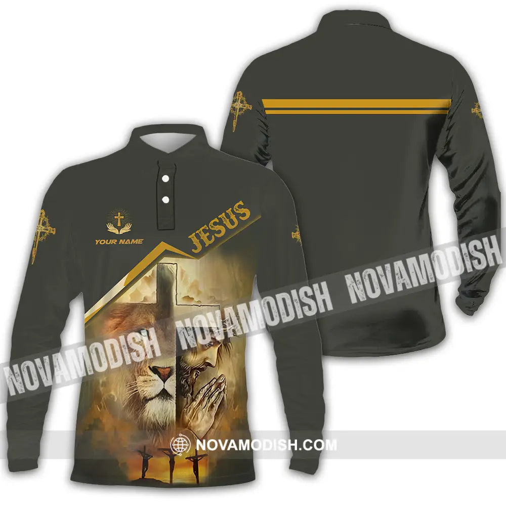 Unisex Shirt - Custom Name Shirt Holy Cross Lion Jesus Long Sleeve Polo / S T-shirt