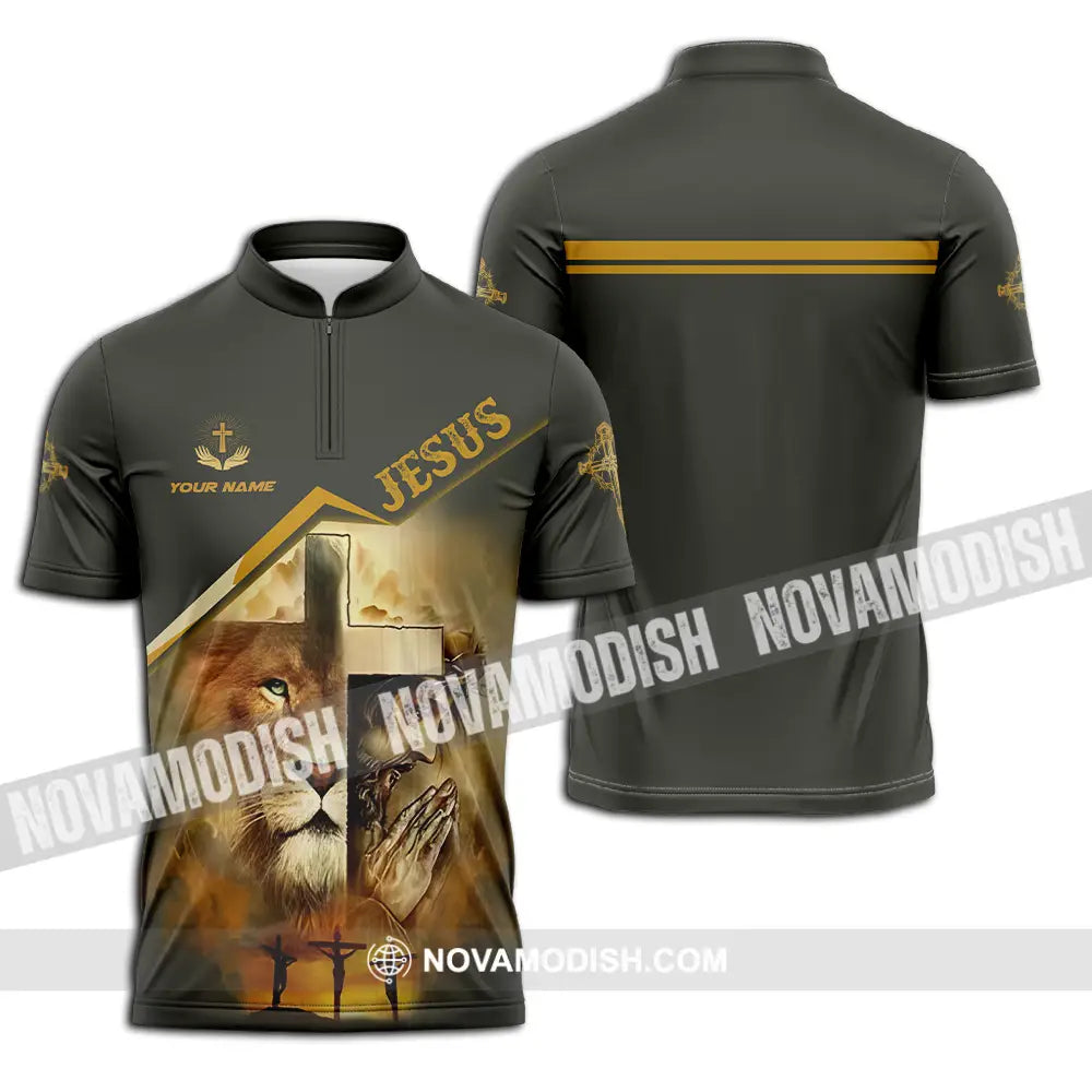 Unisex Shirt - Custom Name Shirt Holy Cross Lion Jesus Zipper Polo Shirt / S T-shirt