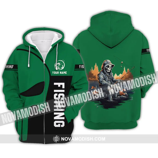 Unisex Shirt - Custom Name Hook Fishing Skeleton Shirt Zipper Hoodie / S T-shirt