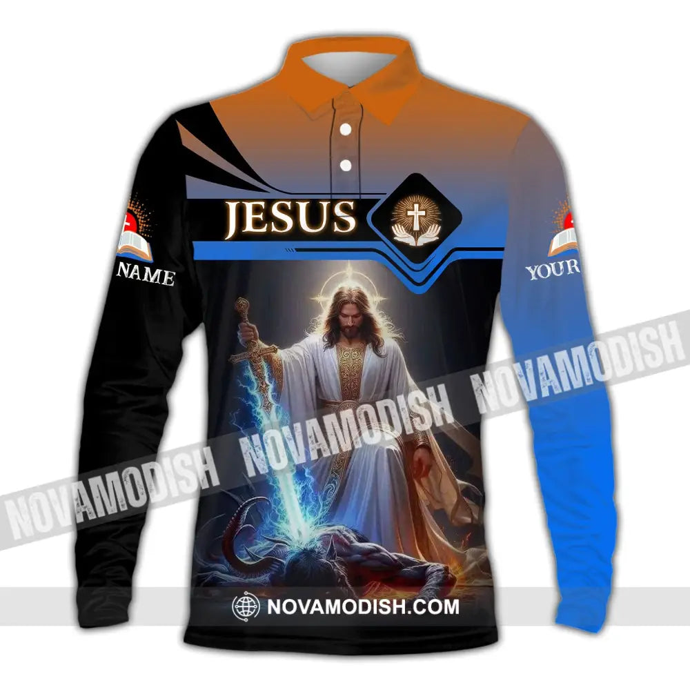 Unisex Shirt - Custom Name Jesus And Sword Long Sleeve Polo / S T-Shirt