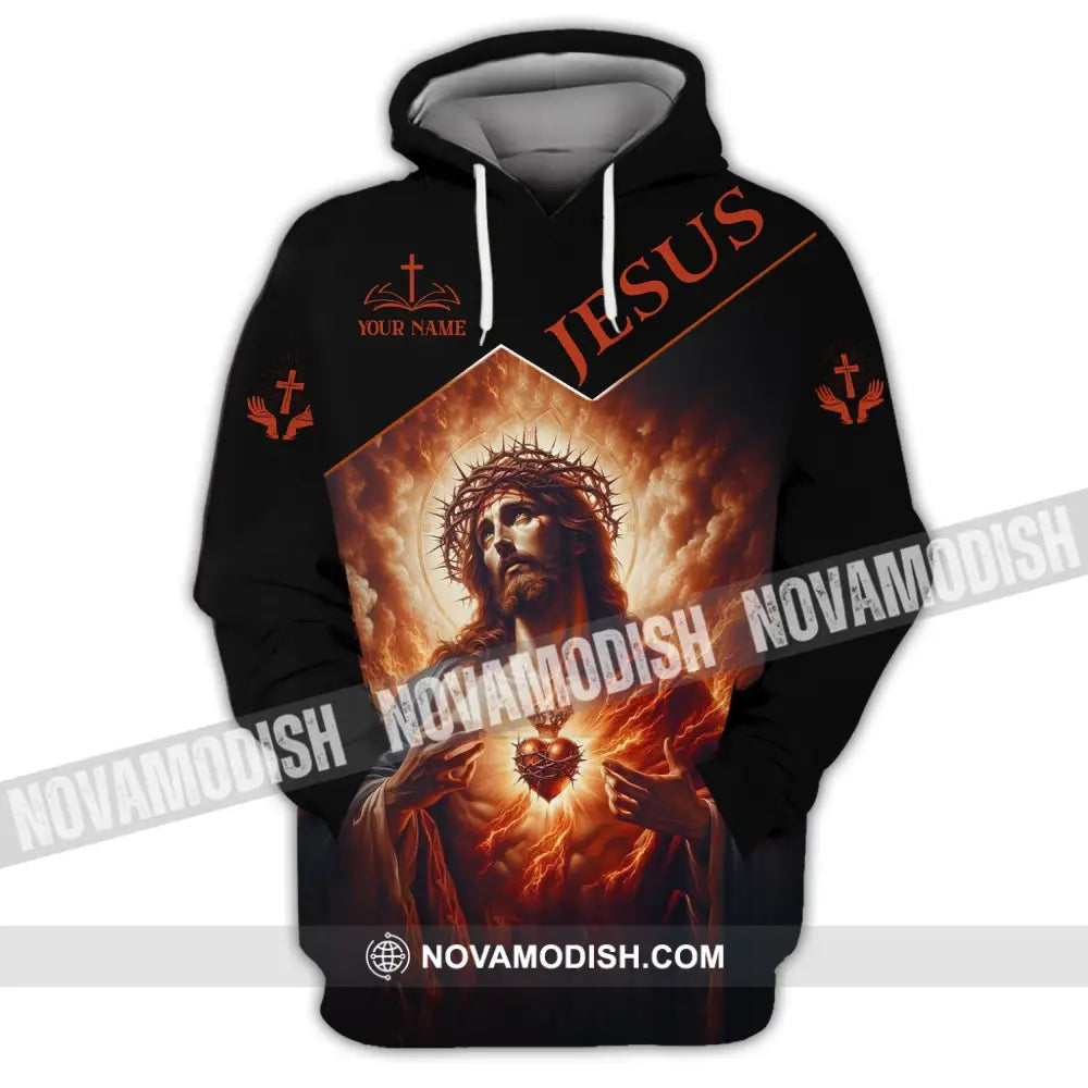 Unisex Shirt - Custom Name Jesus Burning Heart Hoodie / S T-Shirt