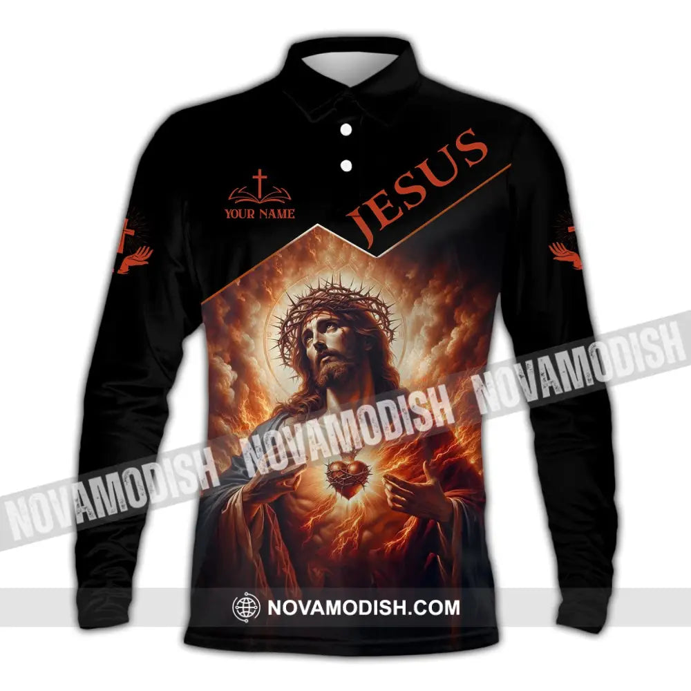 Unisex Shirt - Custom Name Jesus Burning Heart Long Sleeve Polo / S T-Shirt