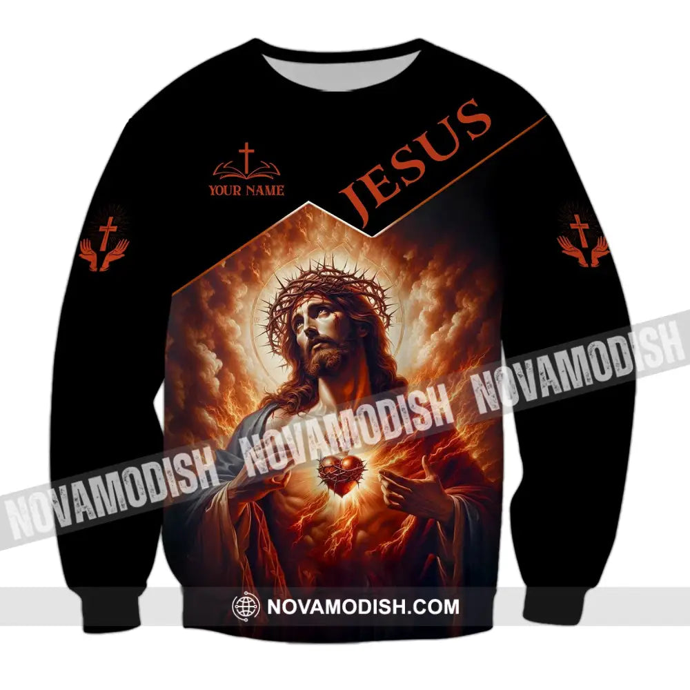 Unisex Shirt - Custom Name Jesus Burning Heart Long Sleeve / S T-Shirt