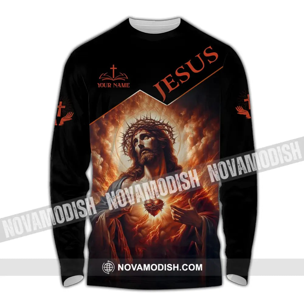 Unisex Shirt - Custom Name Jesus Burning Heart Long Sleeve / S T-Shirt