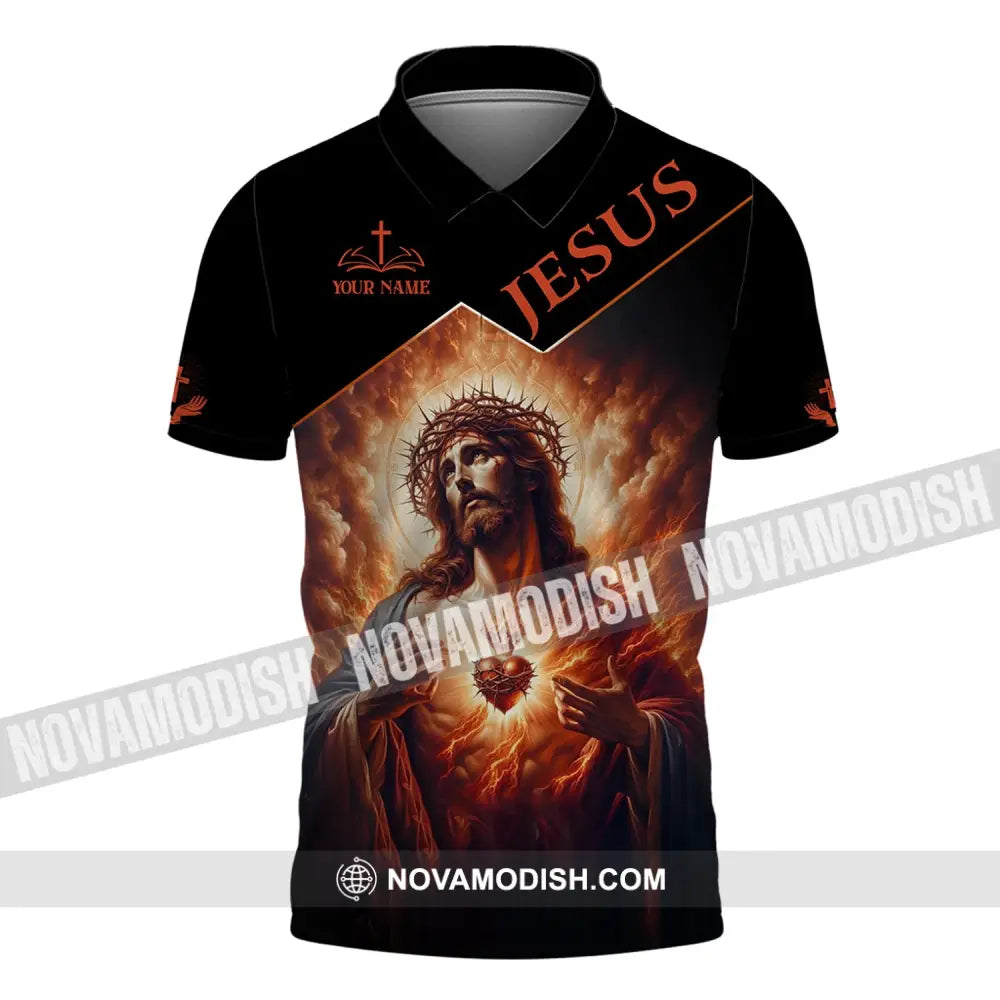 Unisex Shirt - Custom Name Jesus Burning Heart Polo / S T-Shirt