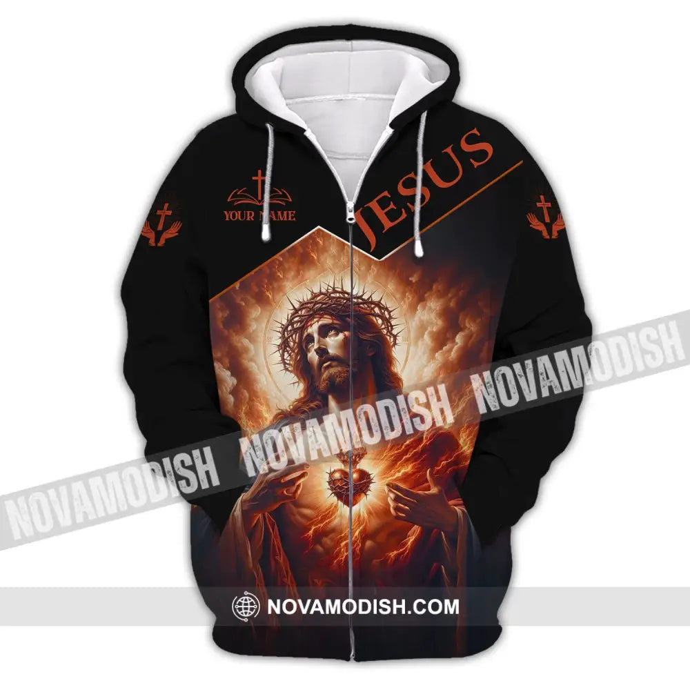 Unisex Shirt - Custom Name Jesus Burning Heart Zipper Hoodie / S T-Shirt