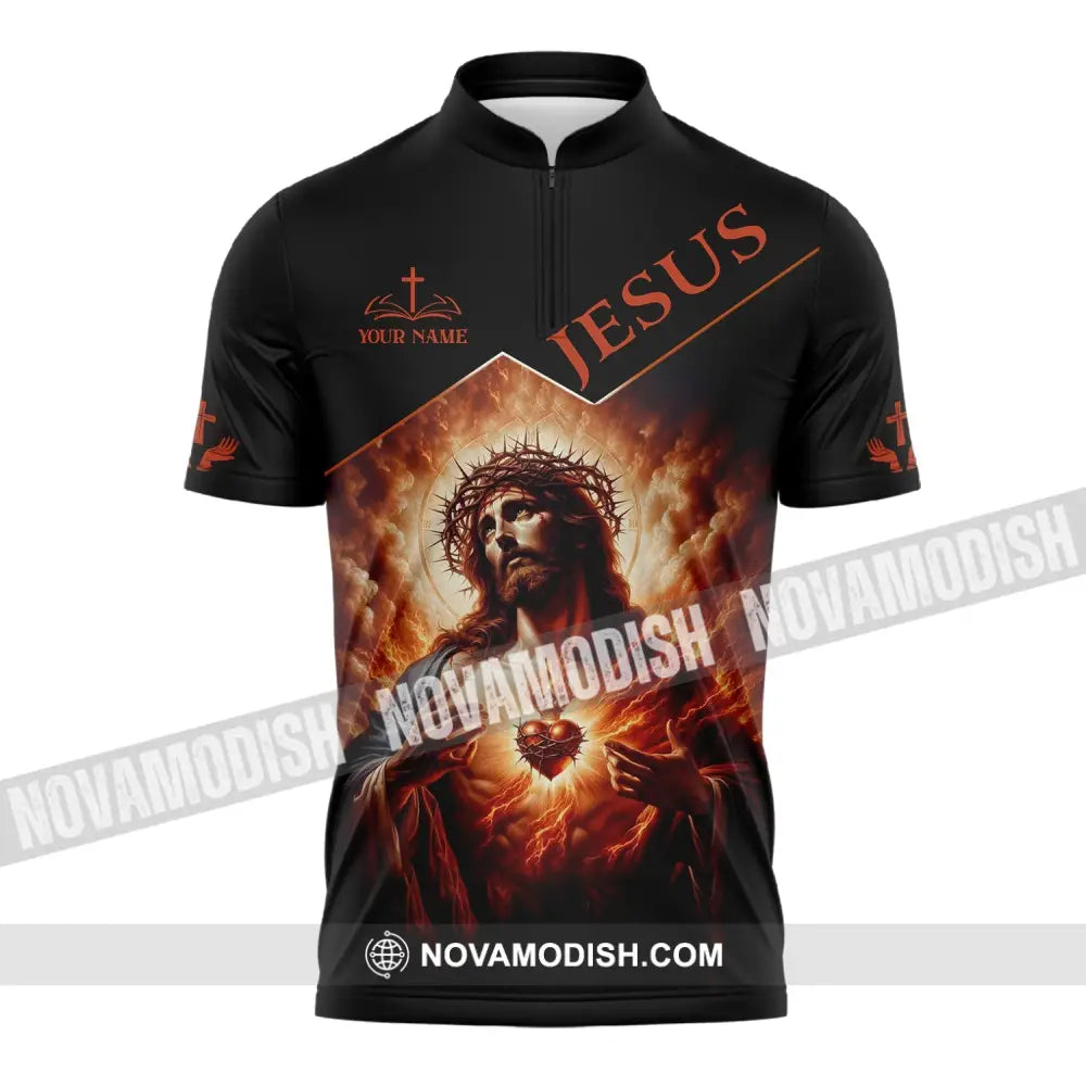 Unisex Shirt - Custom Name Jesus Burning Heart Zipper Polo / S T-Shirt