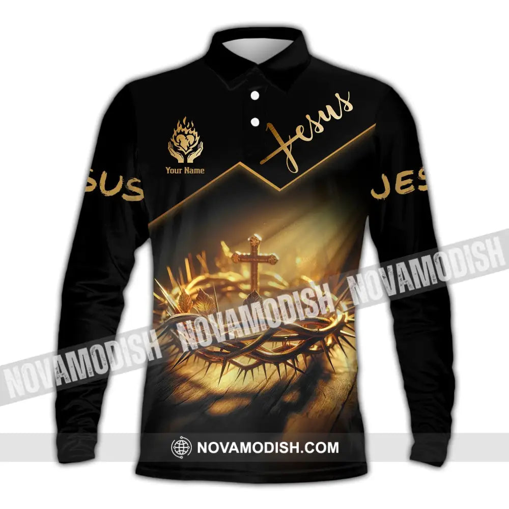 Unisex Shirt - Custom Name Jesus Crown Of Thorns Long Sleeve Polo / S T-Shirt