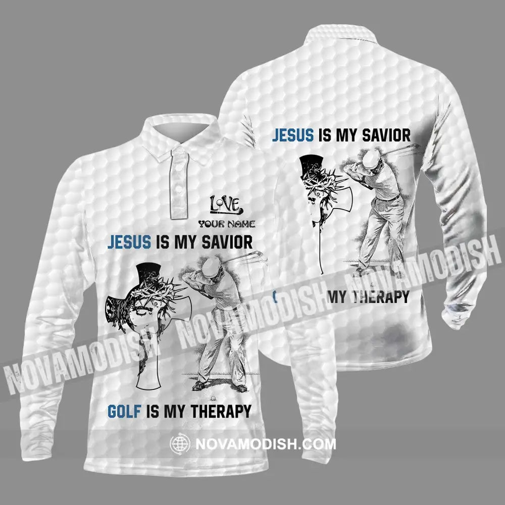 Unisex Shirt - Custom Name Shirt Jesus Is My Savior Golf Is My Therapy Long Sleeve Polo / S T-shirt