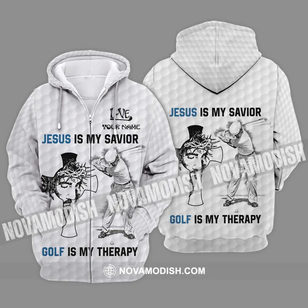 Unisex Shirt - Custom Name Shirt Jesus Is My Savior Golf Is My Therapy Zipper Hoodie / S T-shirt