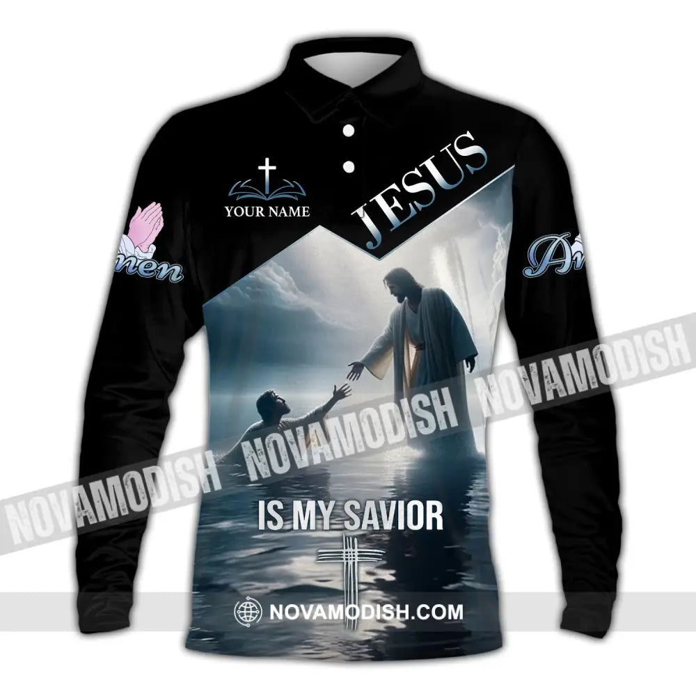 Unisex Shirt - Custom Name Jesus Is My Savior Saving Long Sleeve Polo / S T-Shirt