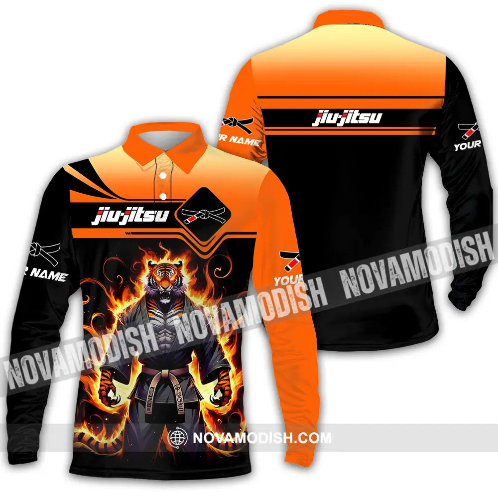 Unisex Shirt - Custom Name Jiu Jitsu Fire Tiger Shirt Long Sleeve Polo / S T-shirt