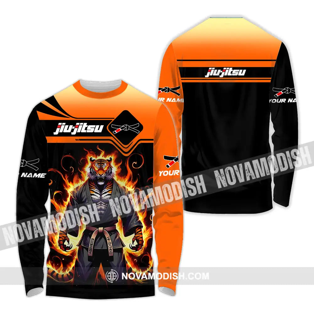 Unisex Shirt - Custom Name Jiu Jitsu Fire Tiger Shirt Long Sleeve Shirt / S T-shirt