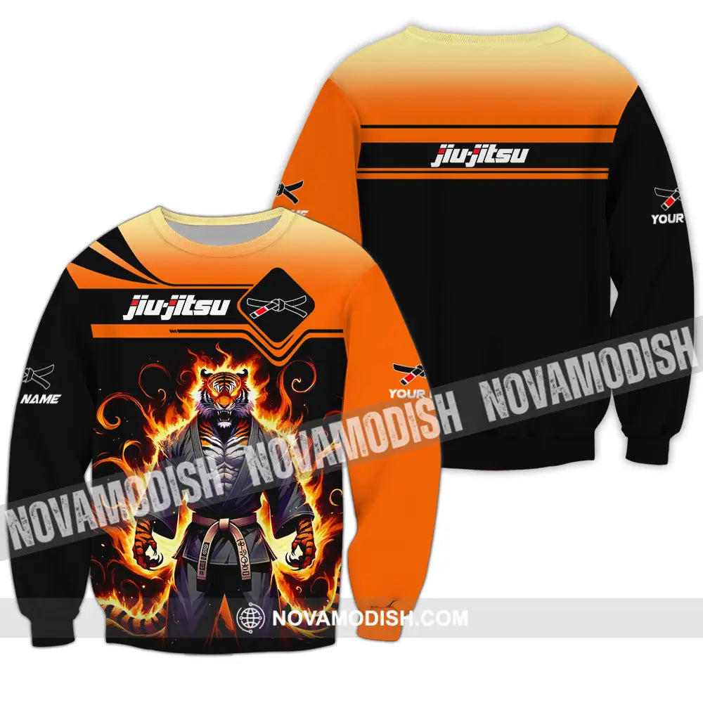 Unisex Shirt - Custom Name Jiu Jitsu Fire Tiger Shirt Long Sleeve / S T-shirt