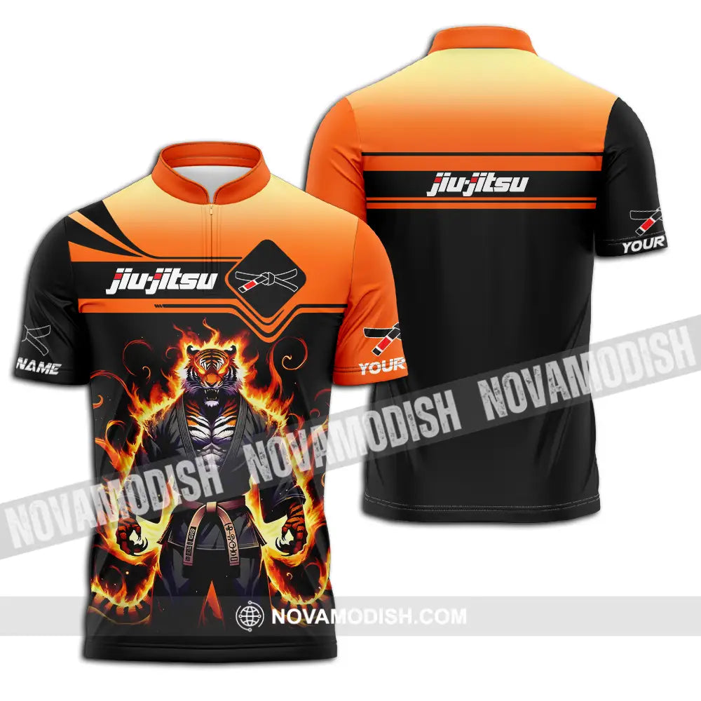 Unisex Shirt - Custom Name Jiu Jitsu Fire Tiger Shirt Zipper Polo Shirt / S T-shirt
