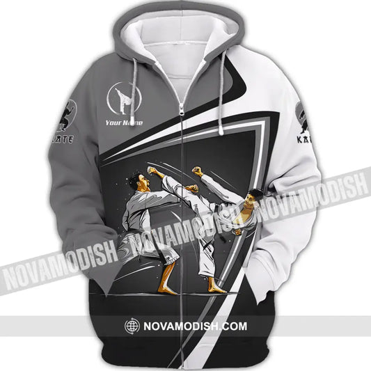 Unisex Shirt - Custom Name Karate Sport Shirt Grey Fighter Zipper Hoodie / S T-shirt