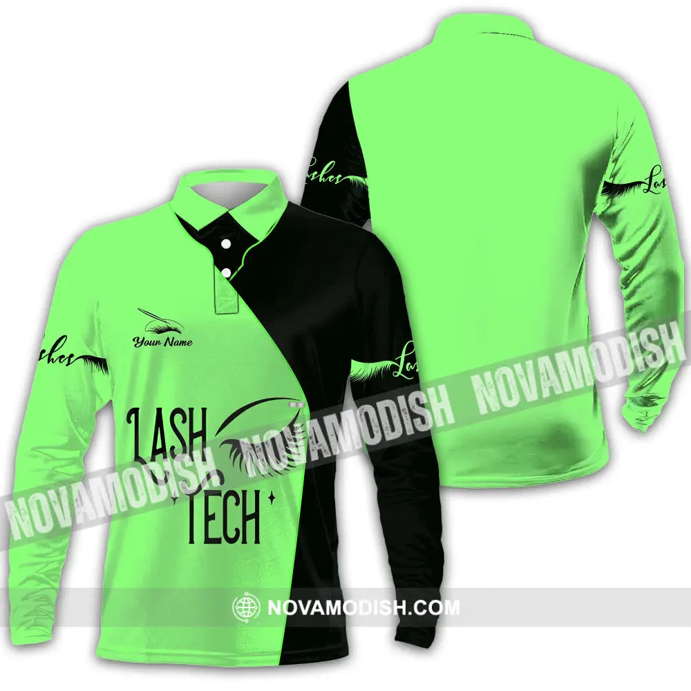 Unisex Shirt - Custom Name Lash Teach Light Green And Black Shirt Long Sleeve Polo / S T-shirt