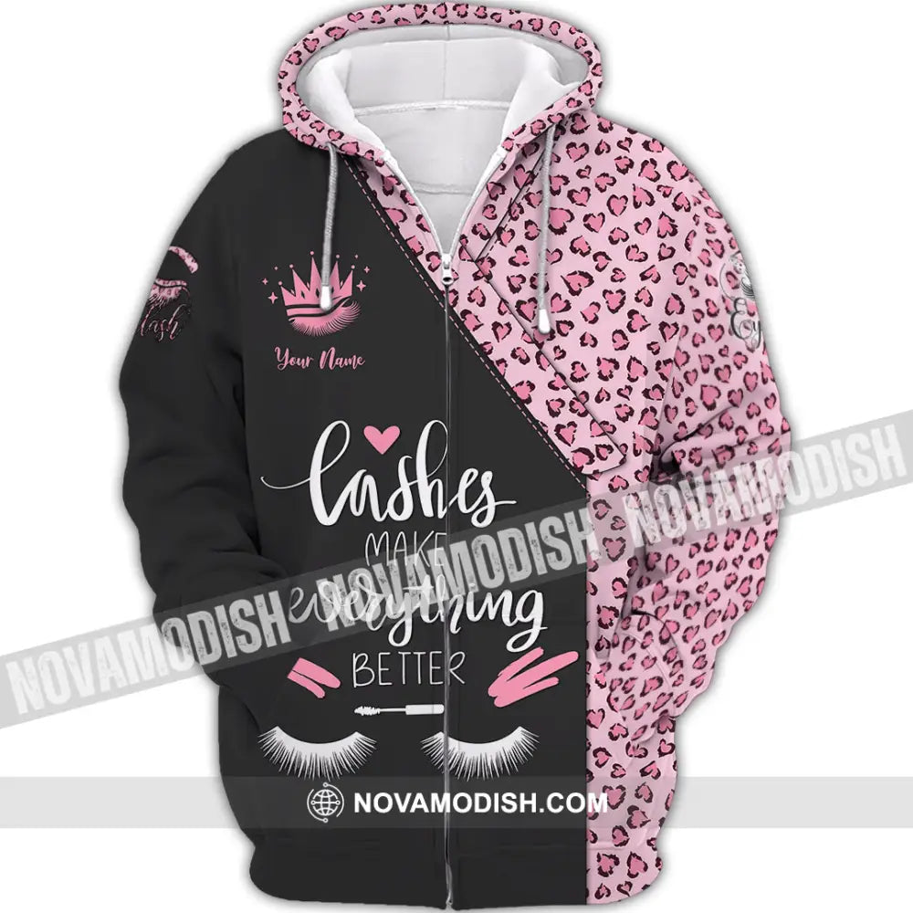 Unisex Shirt - Custom Name Lashes Make Everything Better Shirt Zipper Hoodie / S T-shirt