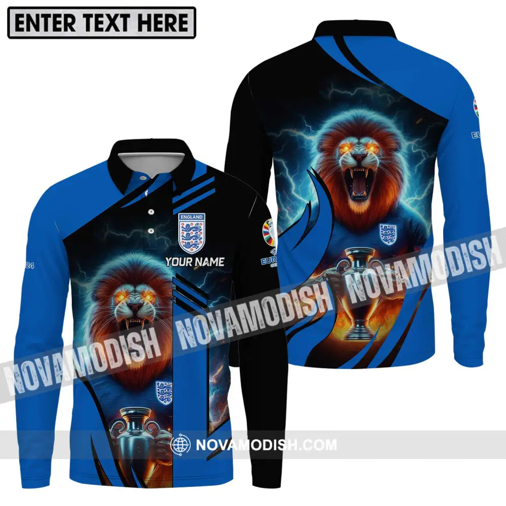 Unisex Shirt - Custom Name Lion And Cup England Euro 2024 Team Long Sleeve Polo / S T-shirt