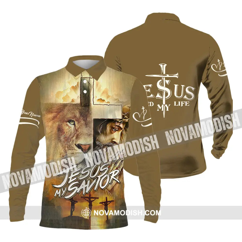 Unisex Shirt - Custom Name Lion Shirt Jesus Saved My Life Long Sleeve Polo / S T-shirt