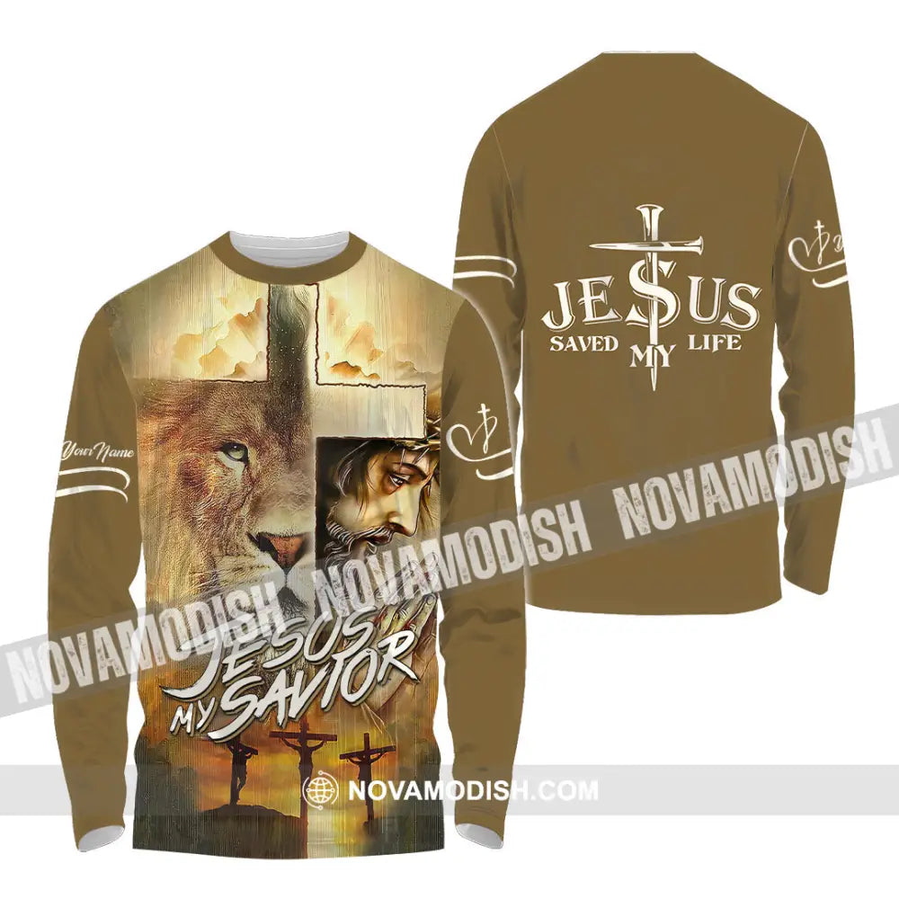Unisex Shirt - Custom Name Lion Shirt Jesus Saved My Life Long Sleeve Shirt / S T-shirt