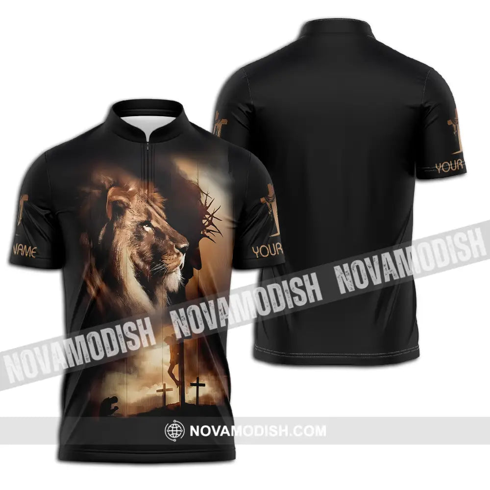 Unisex Shirt - Custom Name Shirt Lion Jesus Zipper Polo Shirt / S T-shirt