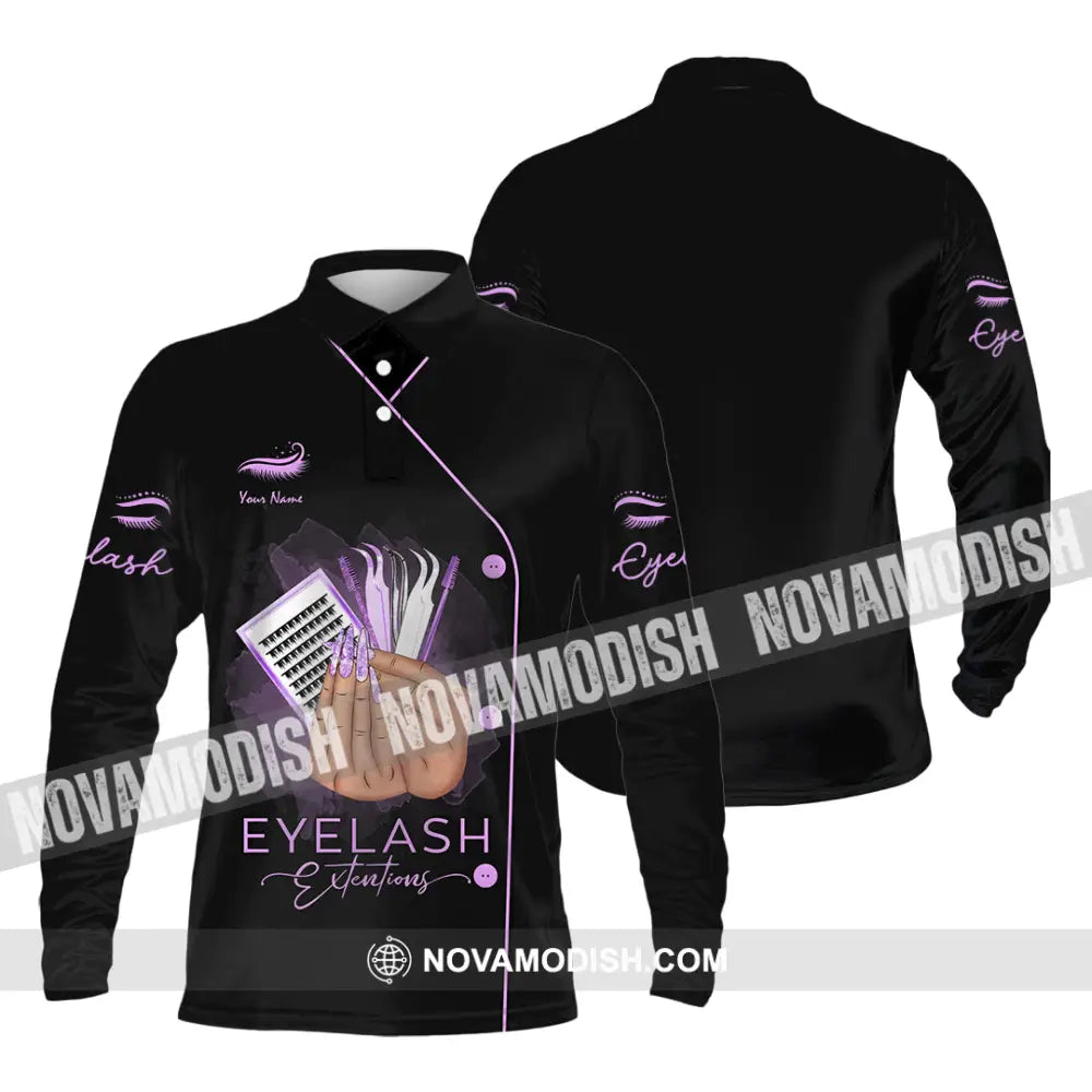 Unisex Shirt Custom Name Makeup Artist Eyelash Extension Beauty Salon T-Shirt Long Sleeve Polo / S