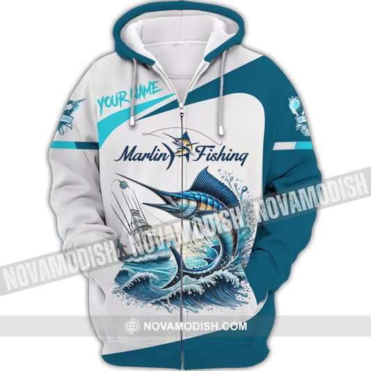 Unisex Shirt Custom Name Marlin Fishing Hoodie Polo Long Sleeve Zipper / S T-Shirt