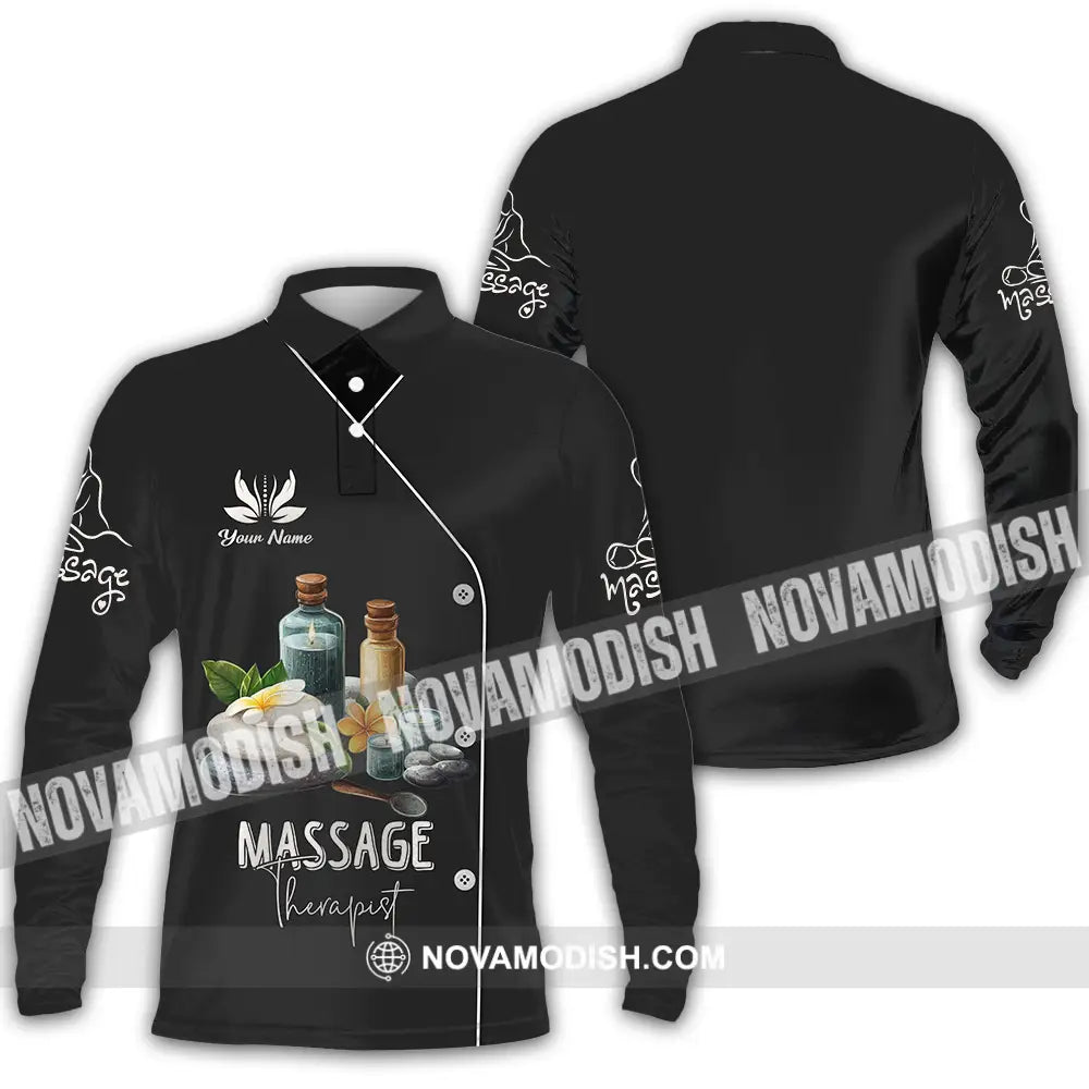 Unisex Shirt - Custom Name Massage Therapist Shirt Black Long Sleeve Polo / S T-shirt
