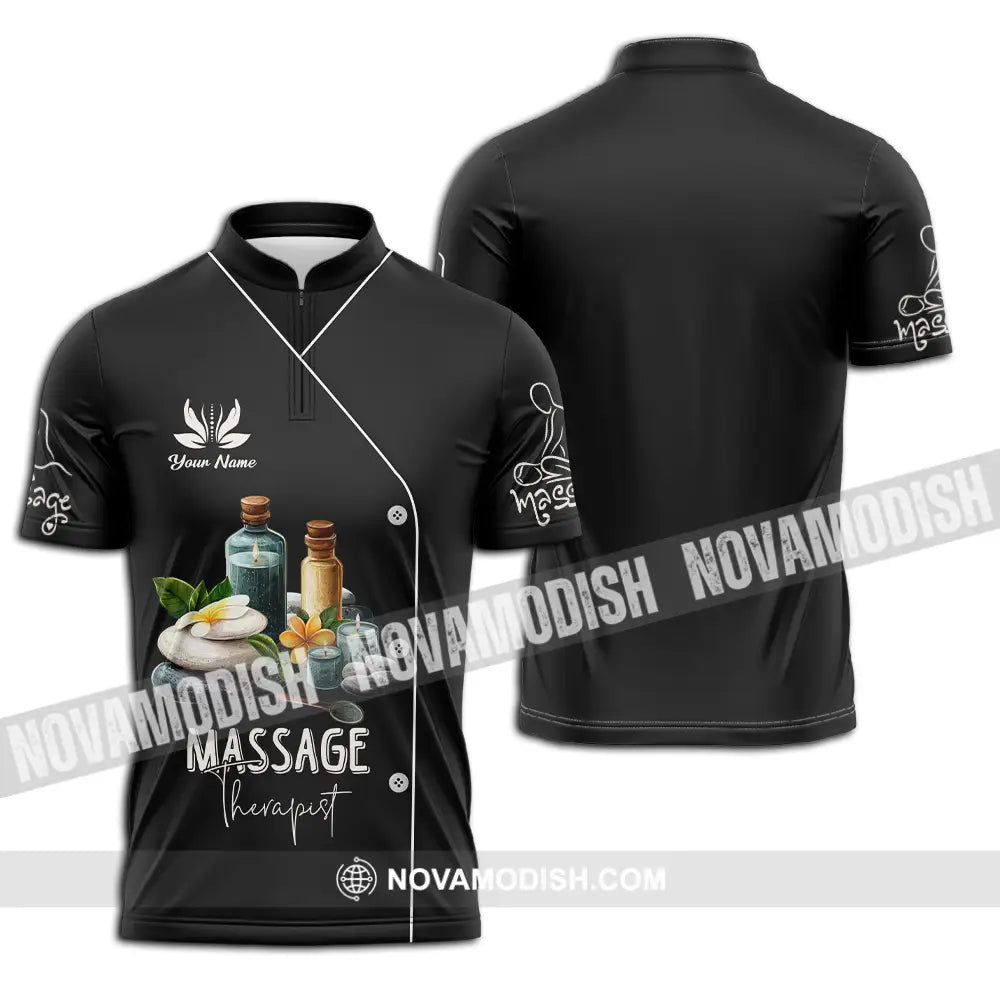 Unisex Shirt - Custom Name Massage Therapist Shirt Black Zipper Polo Shirt / S T-shirt