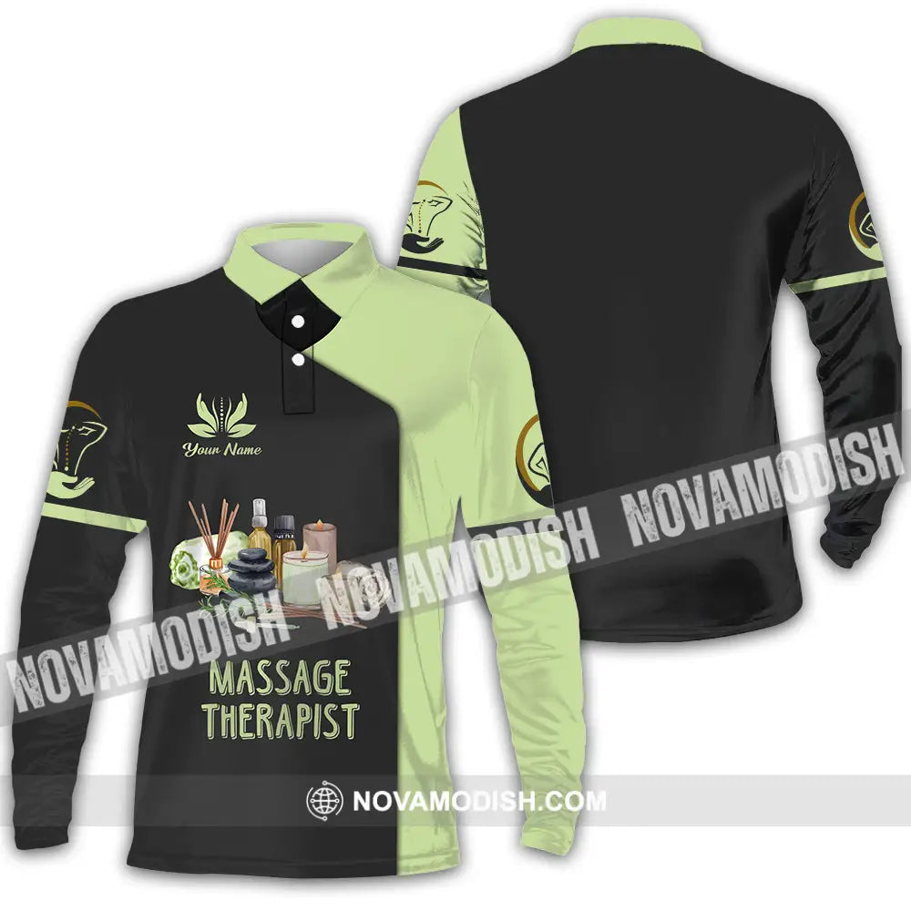 Unisex Shirt - Custom Name Massage Therapist Shirt Green Tea Long Sleeve Polo / S T-shirt