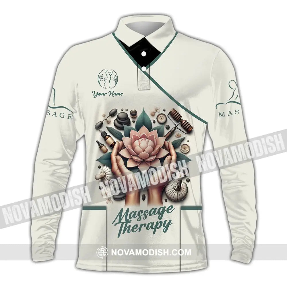 Unisex Shirt - Custom Name Massage Therapist Lotus Long Sleeve Polo / S T-Shirt